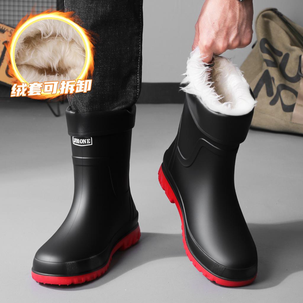 Winter warm men's rubber shoes waterproof pull rope rain shoes medium tube outdoor fashion belt rubber shoes non-slip fishing shoes