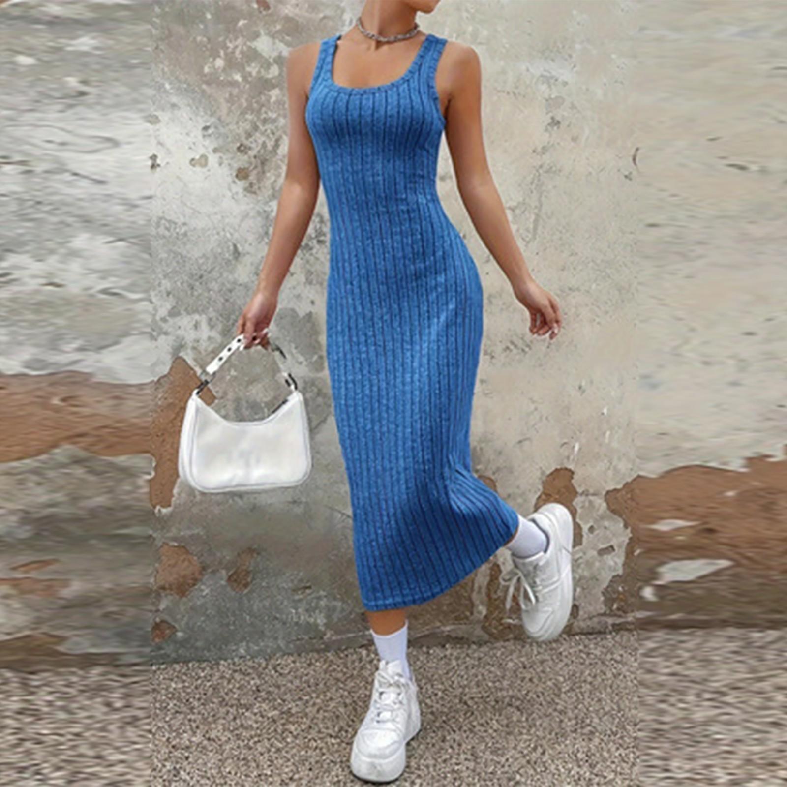 

Women s Fashionable Solid Color Sleeveless Camisole Casual Dress XXL синий