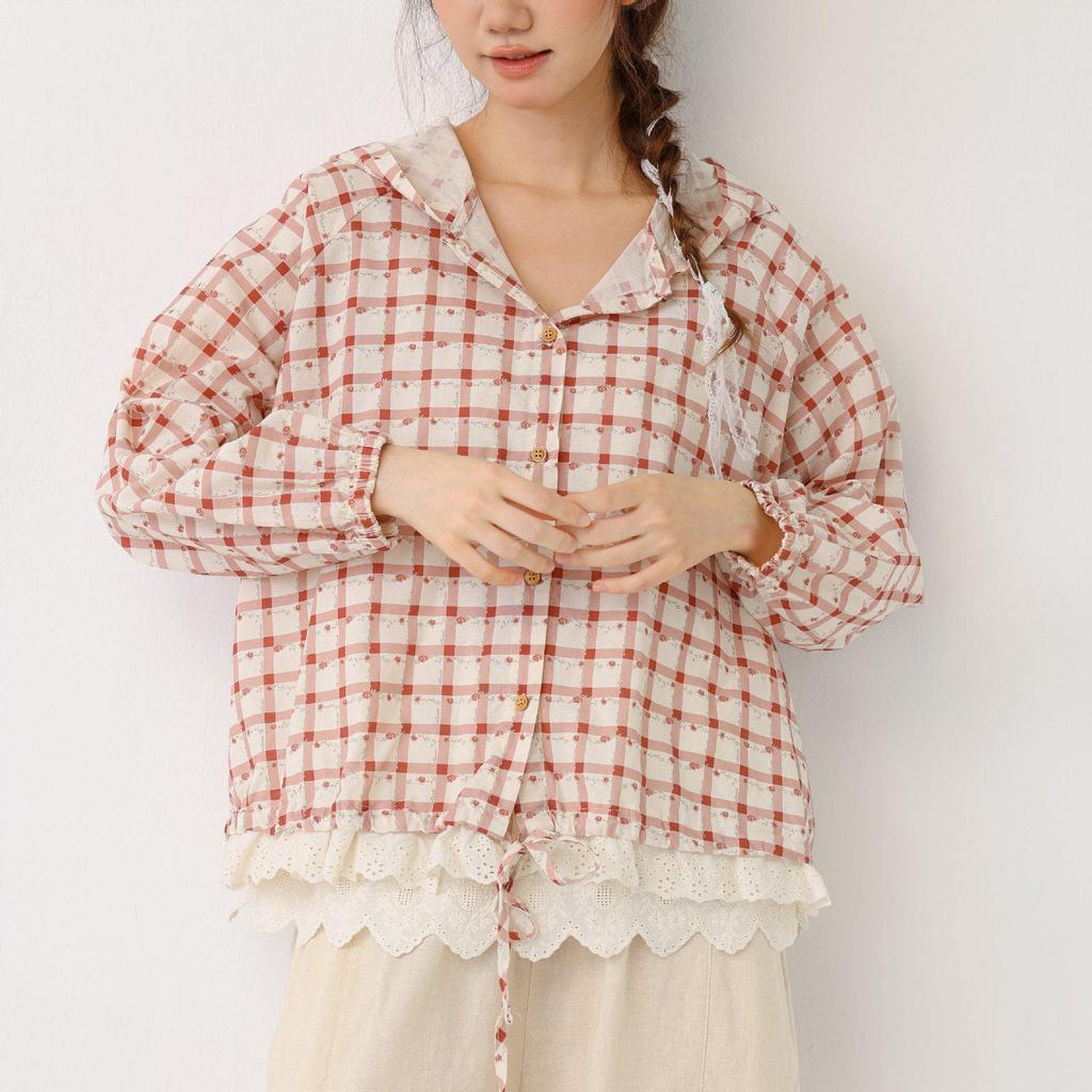 Cherry Blossom Plaid Hooded Shirt - Spring/Summer 2026 Collection