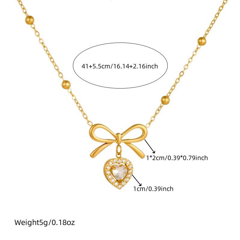 Gold Beaded Chain Necklace with Bow Heart Zircon Pendant, Dainty Choker for Women Jewelry Gift