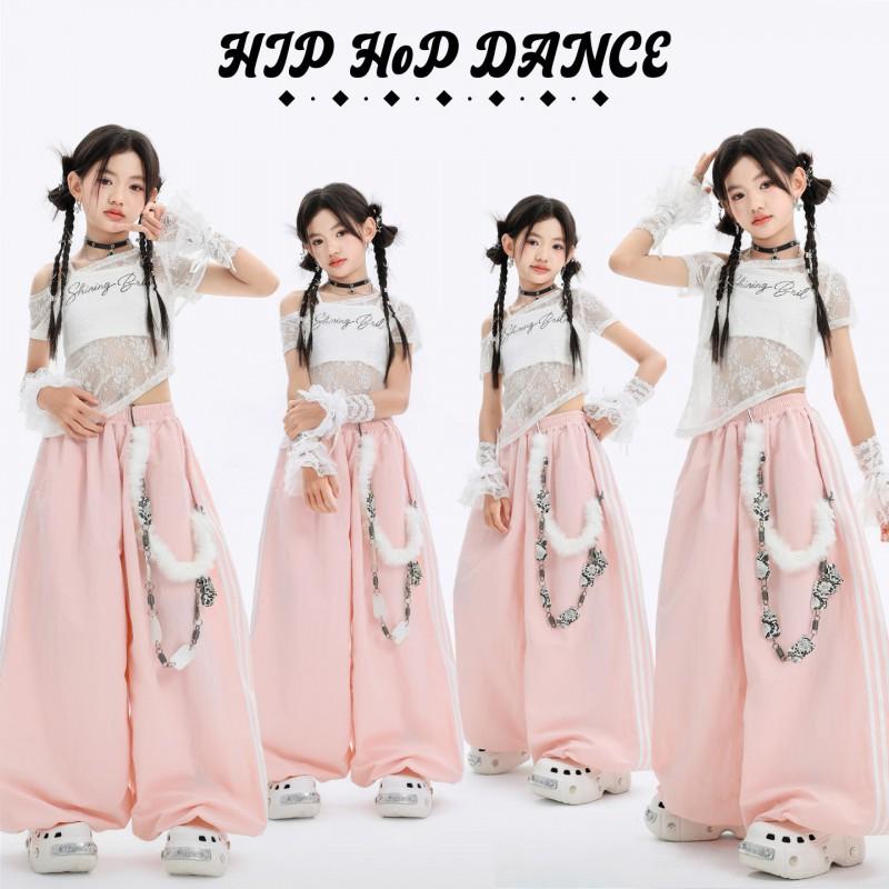 Girls Jazz Dance Outfit Hip Hop Street Performance Costume Kids Stage Wear With Lace Sleeve Top Pink Pants