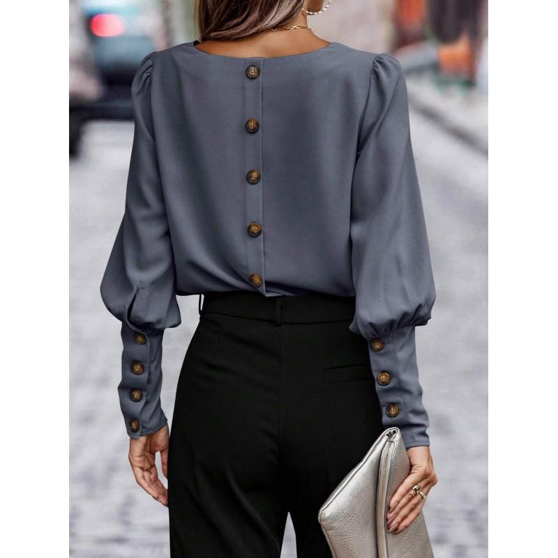 Womens Long Sleeve Solid Color Blouse Loose Fit Office Wear Winter 2025