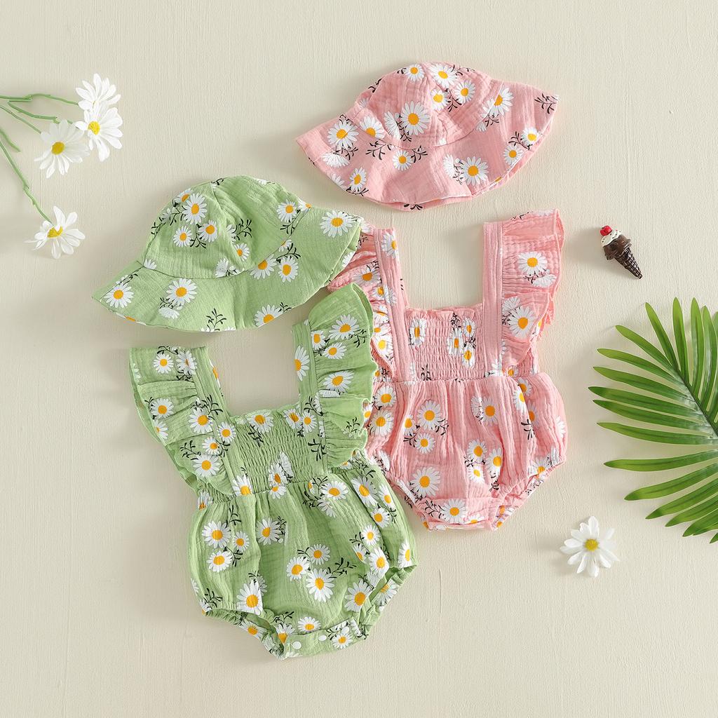 Citgeett Summer Infant Baby Girl Outfit Flying Sleeve Floral Print Bodysuit Hat Casual Clothes Set