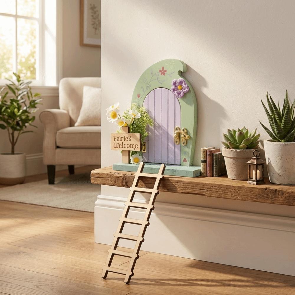 Cartoon Wooden Fairy Door Ornaments Detachable with Ladder Simulation Fairy Door Room Miniature Dollhouse Decor Balcony