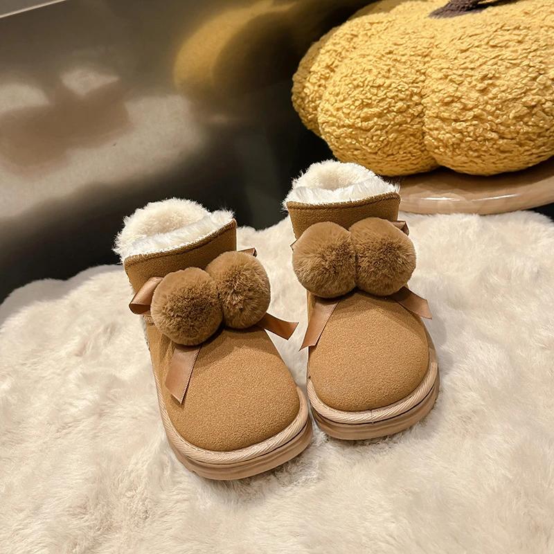New Girl Snow Boots Warm Plush Winter Shoes for Children Outdoor Versatile Kids Causal Cotton Boots Fashion Sweet Ball Hairball
