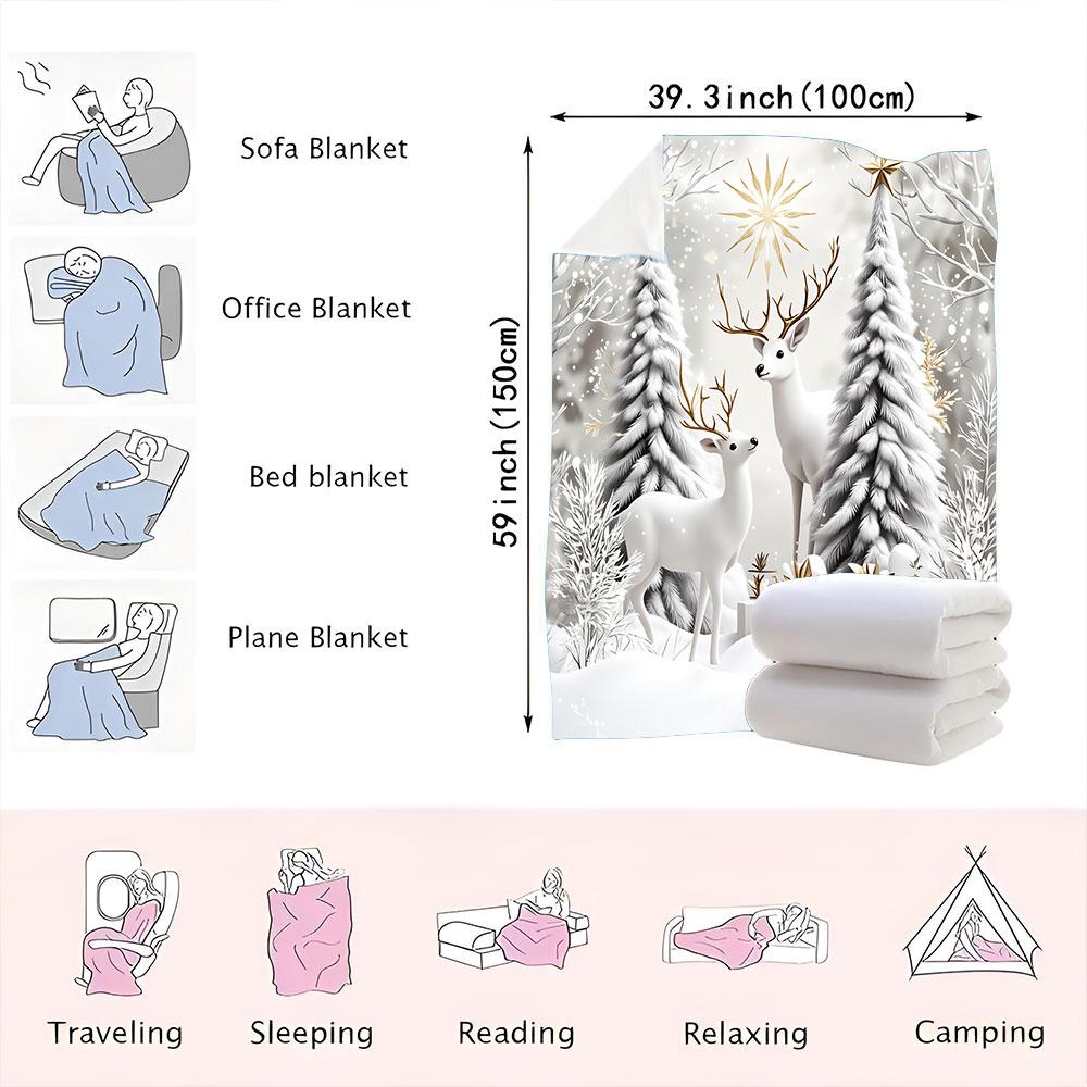Christmas Winter Wonderland Blanket - Featuring Two White Deer with Golden Antlers, Snow-Covered Evergreens, Golden Sunburst & G