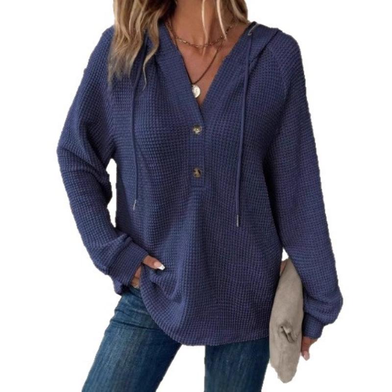 

Жіночий весняно-осінній новий трикотажний пуловер з капюшоном на шнурку, з ґудзиками та V-подібним вирізом, з довгим рукавом, повсякденна толстовка 5XL синій