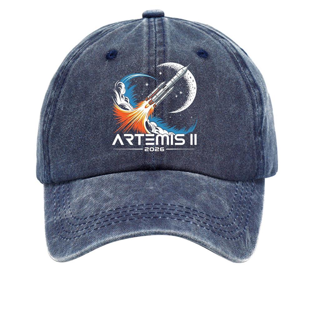 Washed Cotton Baseball Cap Vintage Style Soft Top Denim Hat with Printed Rocket and Moon Design Adjustable Closure for Casual Wear