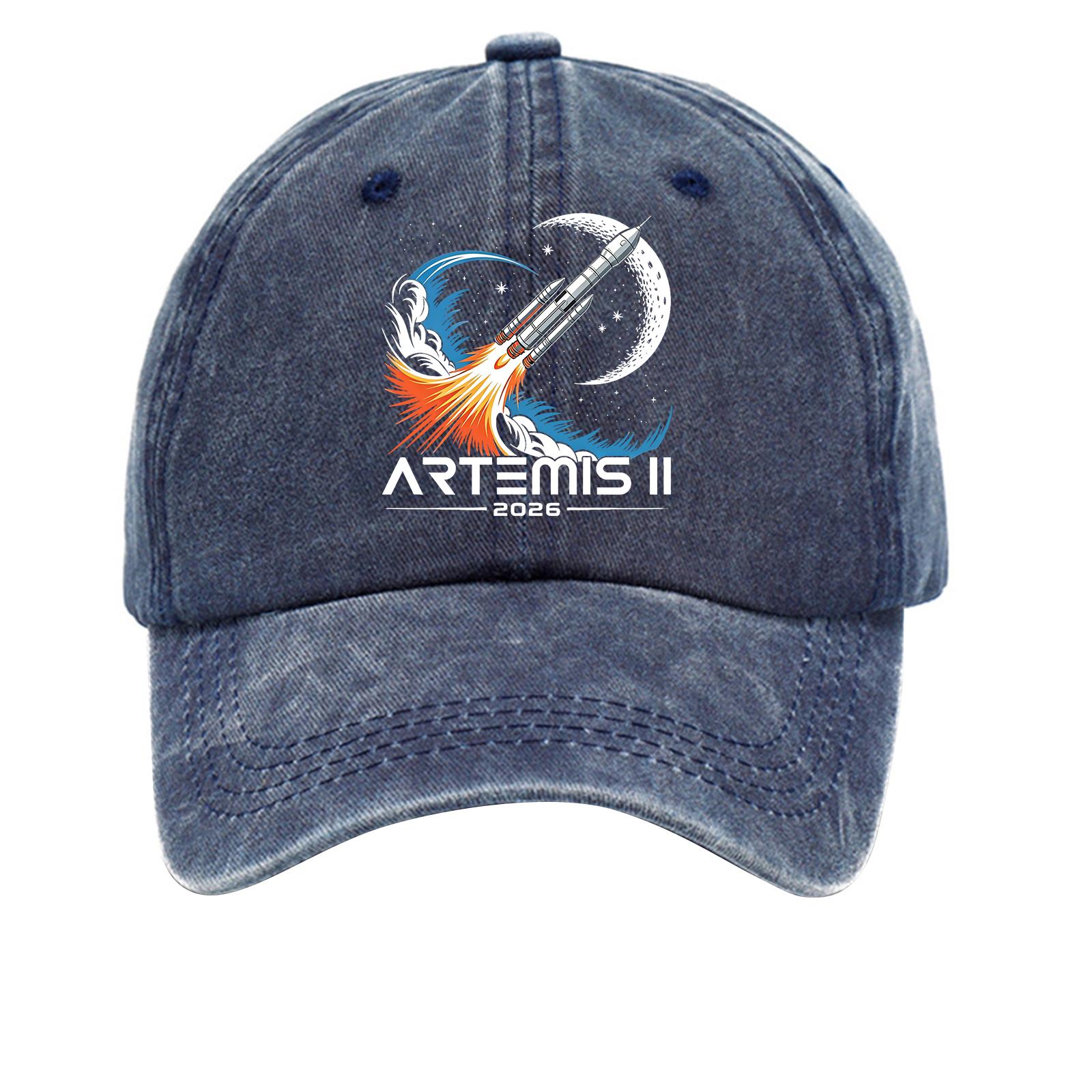

Washed Cotton Baseball Cap Vintage Style Soft Top Denim Hat with Printed Rocket and Moon Design Adjustable Closure for Casual Wear One Size Темно-синій
