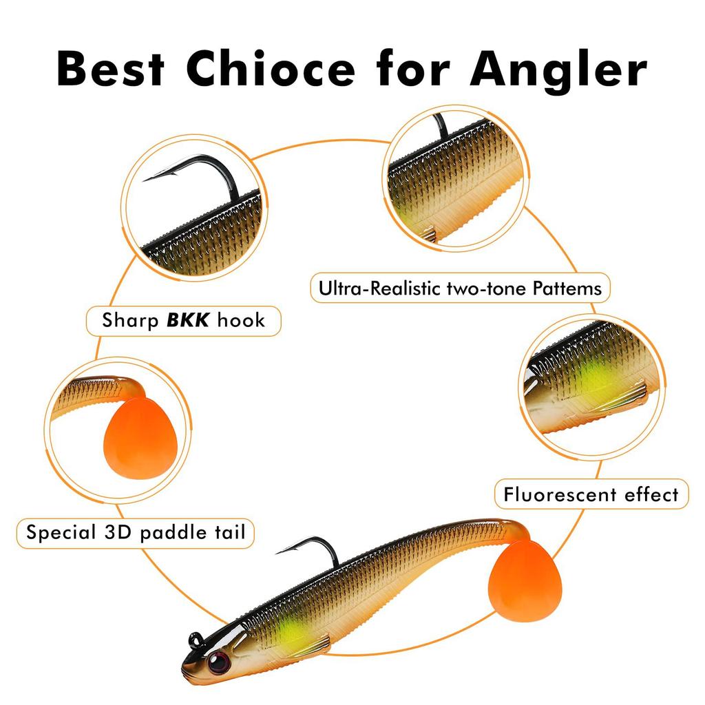 Vormontierter Jigkopf, weiche Angelköder, Paddelschwanz-Swimbaits zum Barschangeln, Premium-Angelköder zum Crappie-Angeln auf Forellen im Salzwasser, Süßwasser