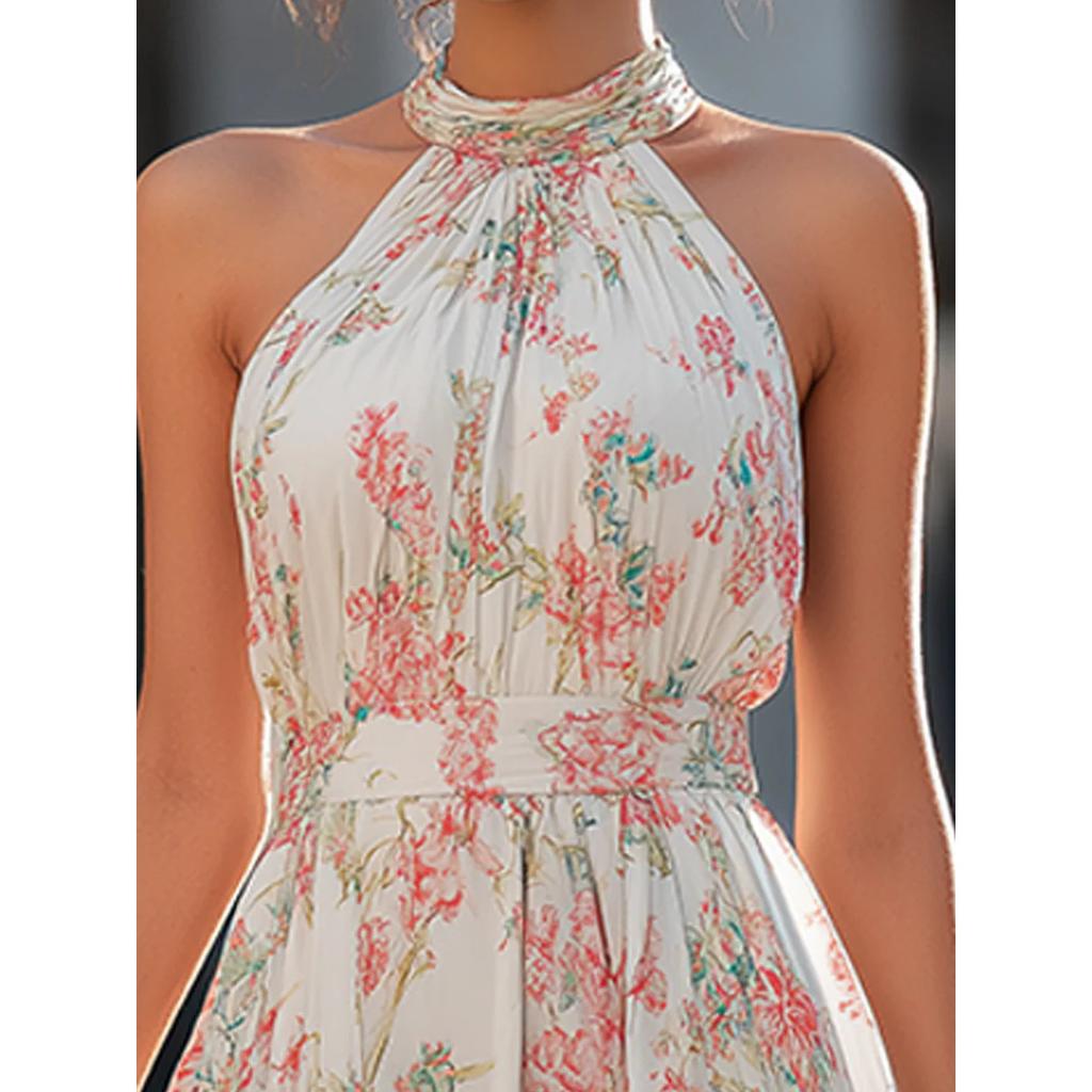 2026 Elegant Halter Neck Floral Maxi Dress for Women, Sleeveless Chiffon Flowy Long Dress, Summer Beach & Party Wear