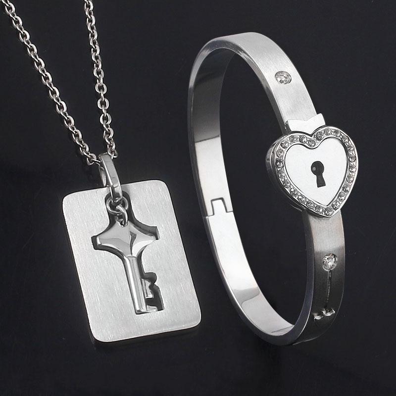 Couple Stainless Steel Bracelet Love Heart Lock Key Pendant Necklace For Women Men Valentine Gift Jewelry