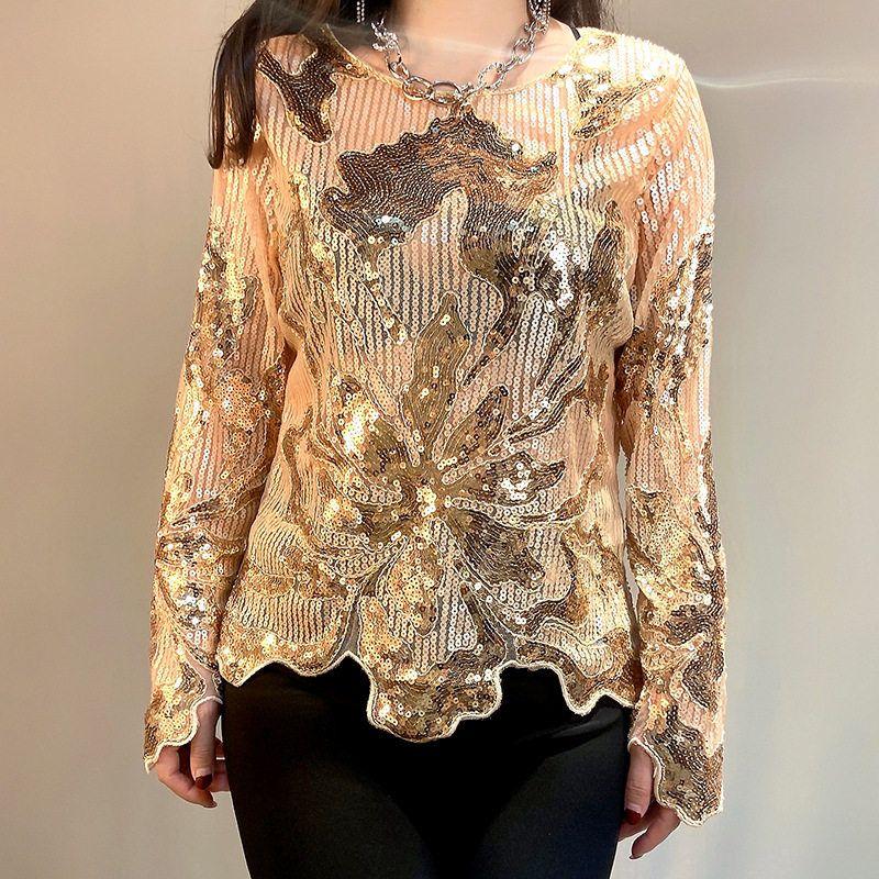European and American Floral Retro Mesh Round-Neck Pullover Beaded Sequin Top Cross-Border Women s Fashion Elegant Commuting Stylish Versatile Apricot Gold M