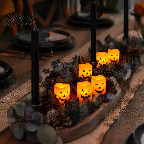 Realistic Flickering Flameless Candles 6 Pcs Battery Operated Tea Lights Orange Electric Fake Ghostly Patterned LED Candles Halloween Spooky Pumpkin
