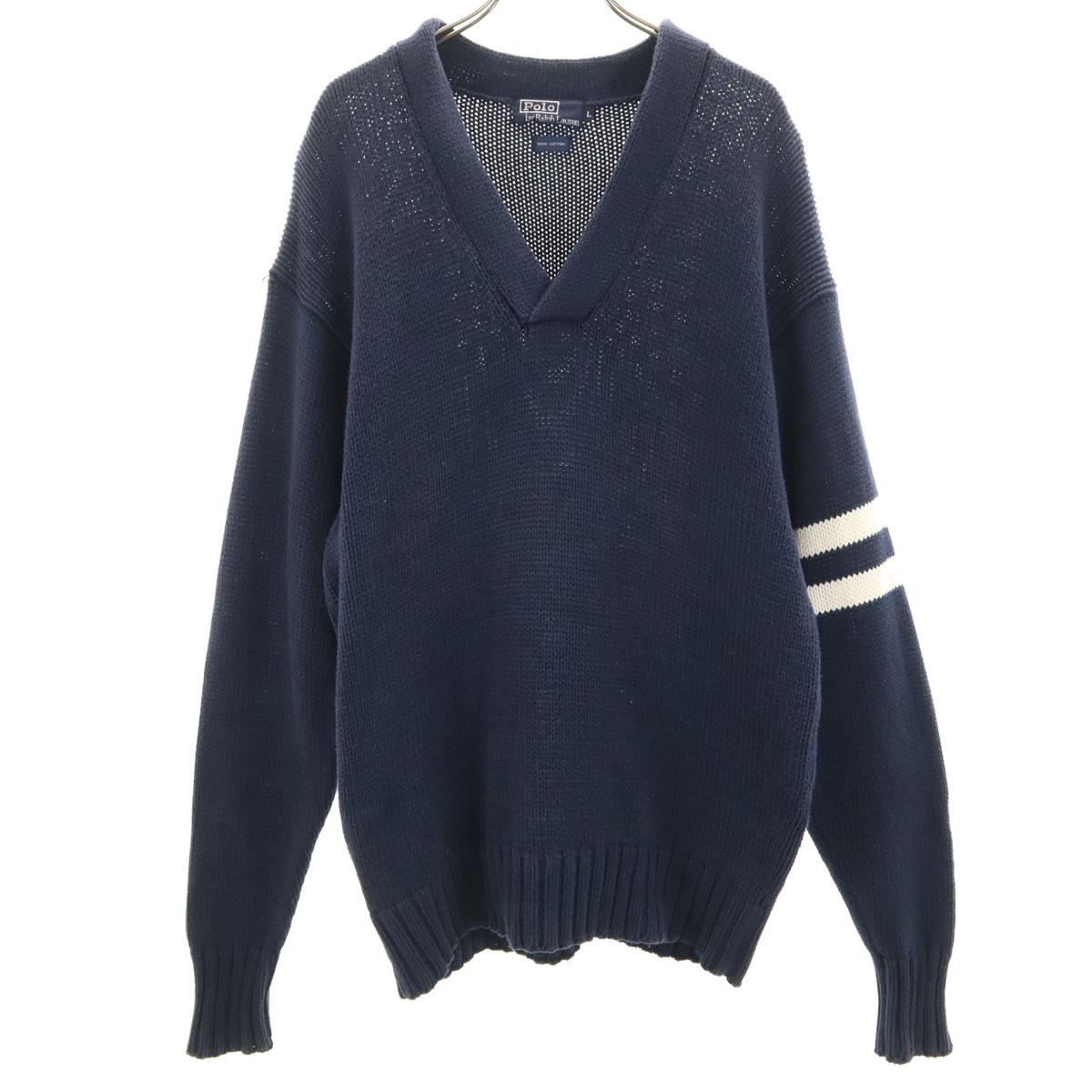 

POLO RALPH LAUREN 90s Old Long sleeve V neck sweater L Navy knit Men s Used
