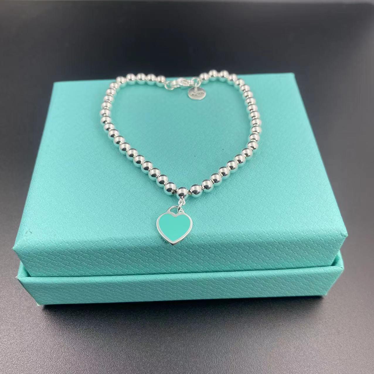 T Family Classic S925 Heart & Enamel Double Layer Bracelet with 4mm Beads and Blue, Red, Pink Pendant for Girls V Gold