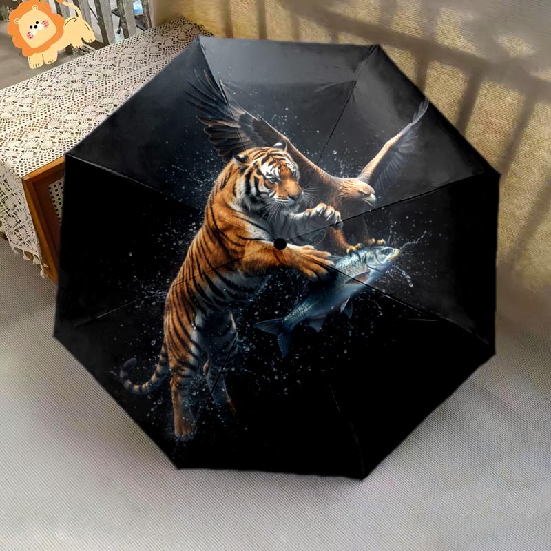 1 PC Automatic Folding Umbrella - Tiger Hunting Its Prey Pattern, Portable & Foldable Design with 8 Ribs, Christmas Birthday Gifts