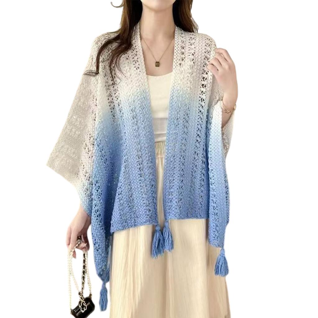 Open Front Fringe Knitted Capelet for Women Soft Breathable Travel Cardigan Shoulder Wrap Hollowed Out Shawl Wrap