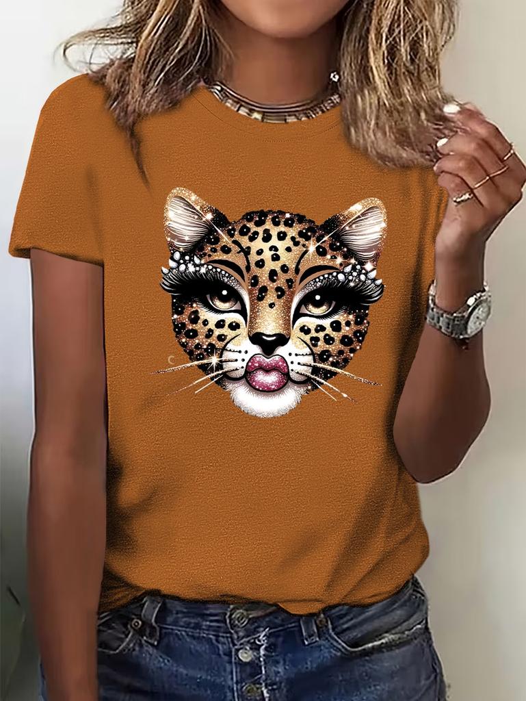 T-shirt d'été vintage pour femme avec imprimé léopard et graphique tigre, manches courtes, respirant, décontracté, col rond, vêtements pour femme