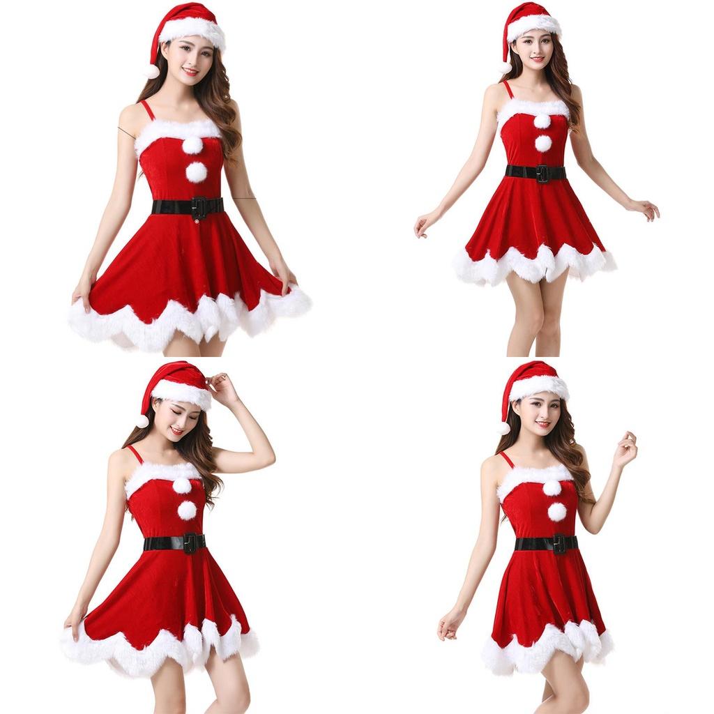 Red Velvet Women Christmas Costume With Soft Touch Santa Claus Dress And Hat