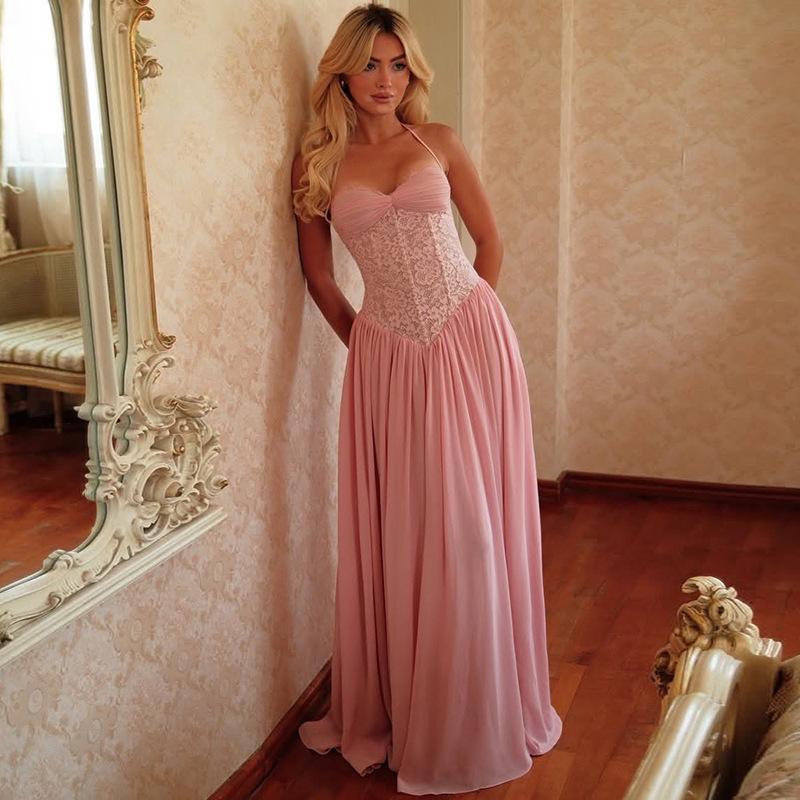 2026 European and American summer new solid color elegant temperament wind neck lace flower surface design dress women
