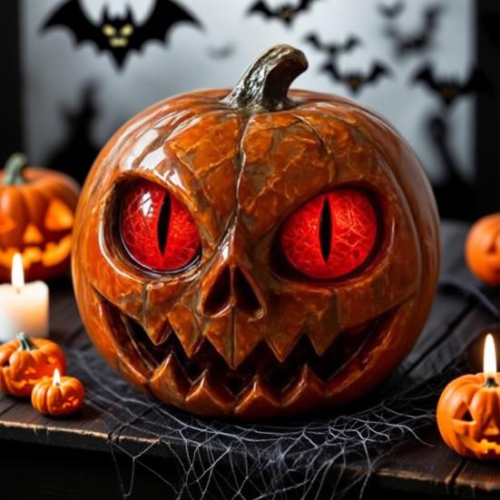 Rotäugige Kürbisfigur Handgefertigte Kürbisstatue aus Kunstharz in Marmoroptik mit bernsteinfarbenen Augen Halloween Tischdeko Regaldeko