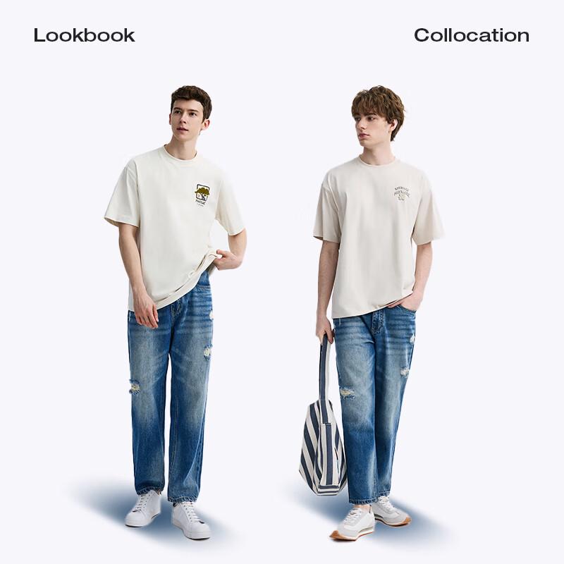 NVG·YOUNG Men's Distressed Tencel Denim Straight-Leg Jeans