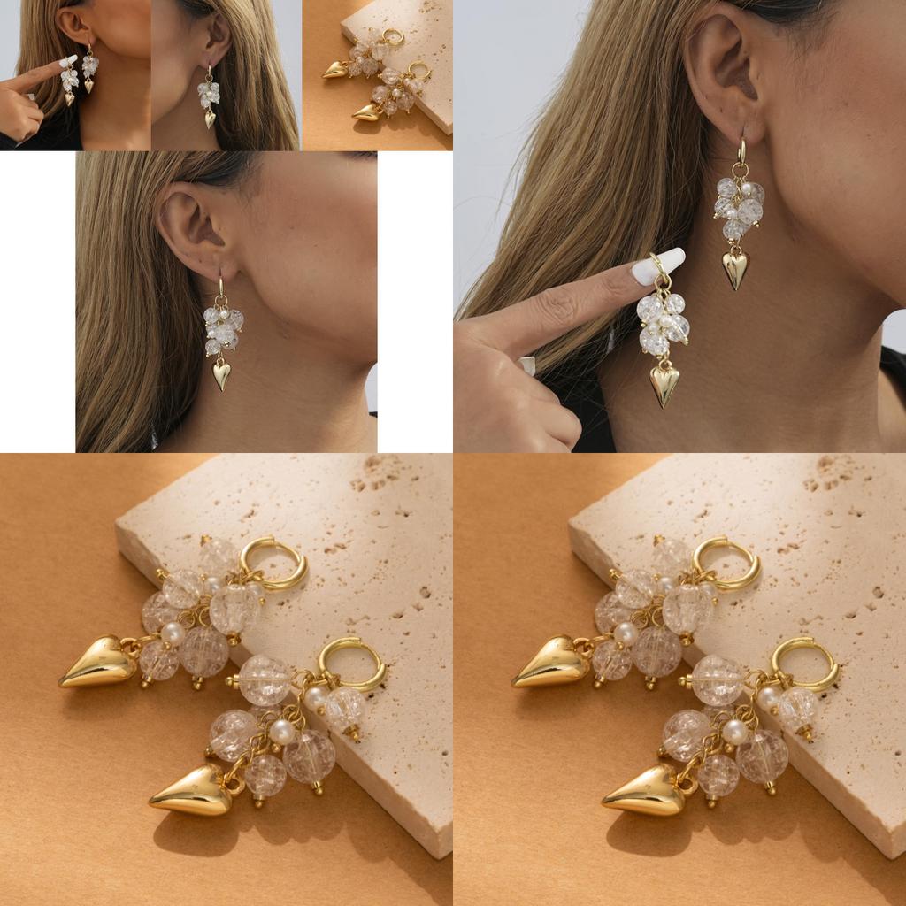 Chic Heart And Bead Hoop Earrings Versatile Gold Alloy Jewelry For Women