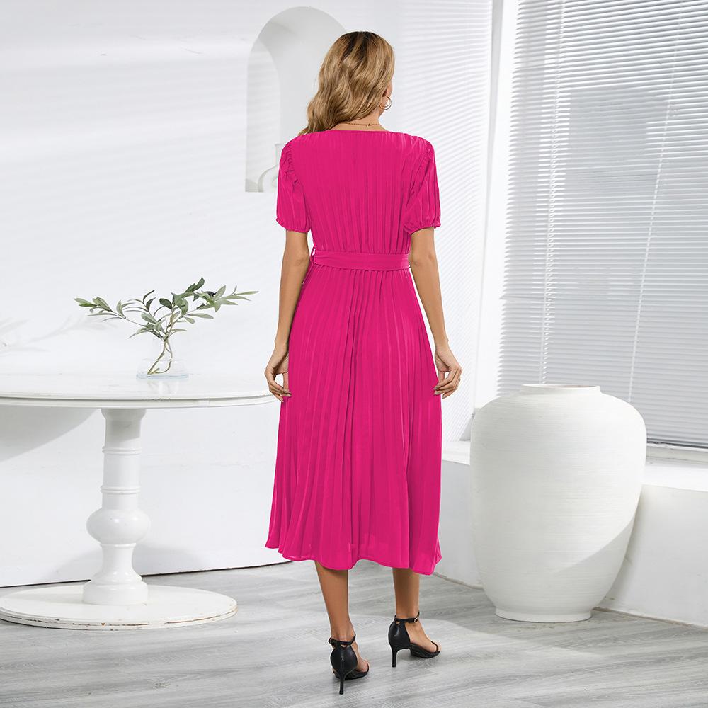 Letnie, wąskie, długie sukienki z dekoltem w kształcie litery V, z rękawami bąbelkowymi