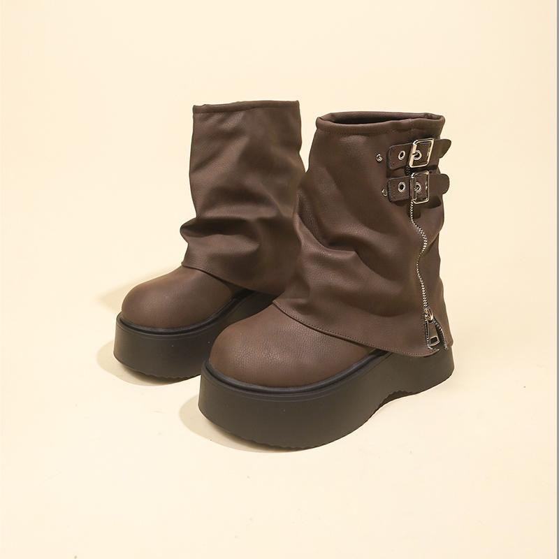 

Women s High Platform Motorcycles Boots Winter 7CM Wedge Heels Mid-calf Boots Female Chunky Sneakers Autumn Leather Shoes Woman 40 коричневий