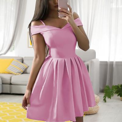 Damklänning Enfärgad Plisserad Off Shoulder Plisserad Mini Partykläder för Våren