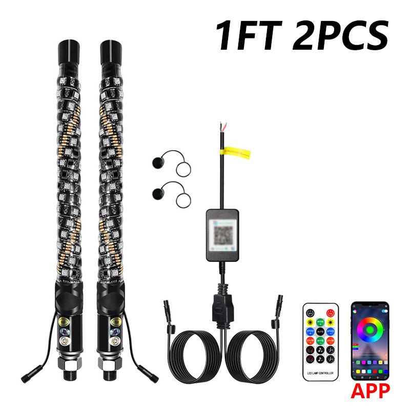 2PCS 1FT LED Whip Lights APP Remote Control Flagpole Antenna Whips LED Flagpole Lamp for UTV ATV Off-Road Truck RZR Car