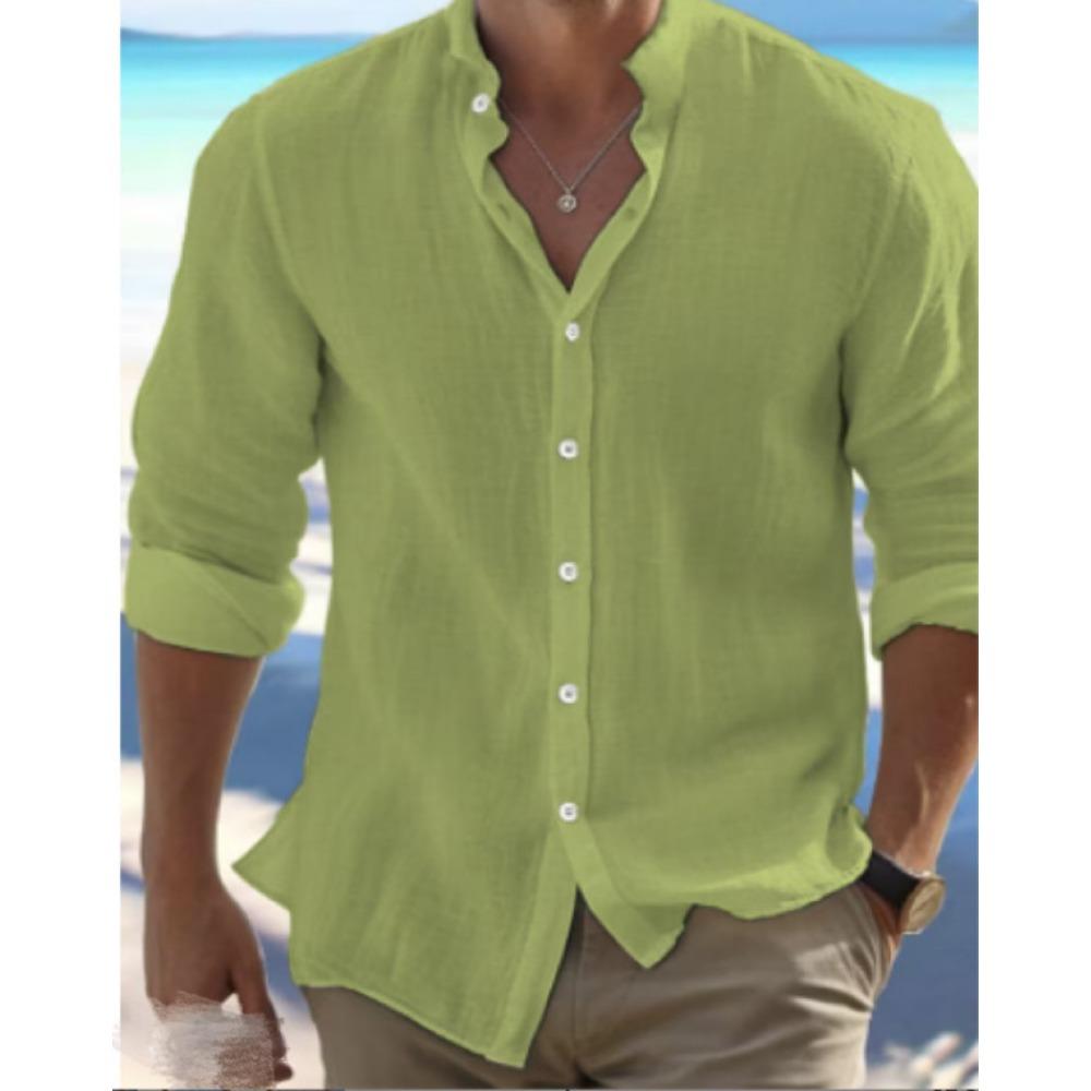 Men's Linen Button-Down Shirt Summer Beach Shirt Long-Sleeved Plain Stand Collar Spring/Summer Casual Everyday Wear