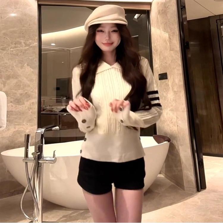 {Sheep wool} Korean women s knitted sweater lapel loose striped jacquard women s autumn and winter rice white sweater A