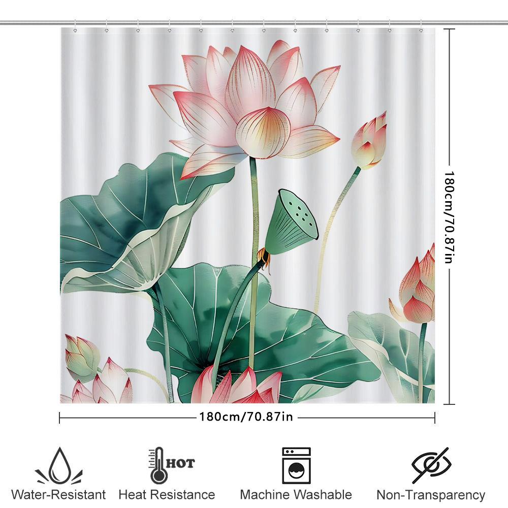 Elegant Lotus Flower Waterproof Shower Curtain Modern Design Green Leaves Pink Blossoms Nature Inspired Bathroom Decor Accent