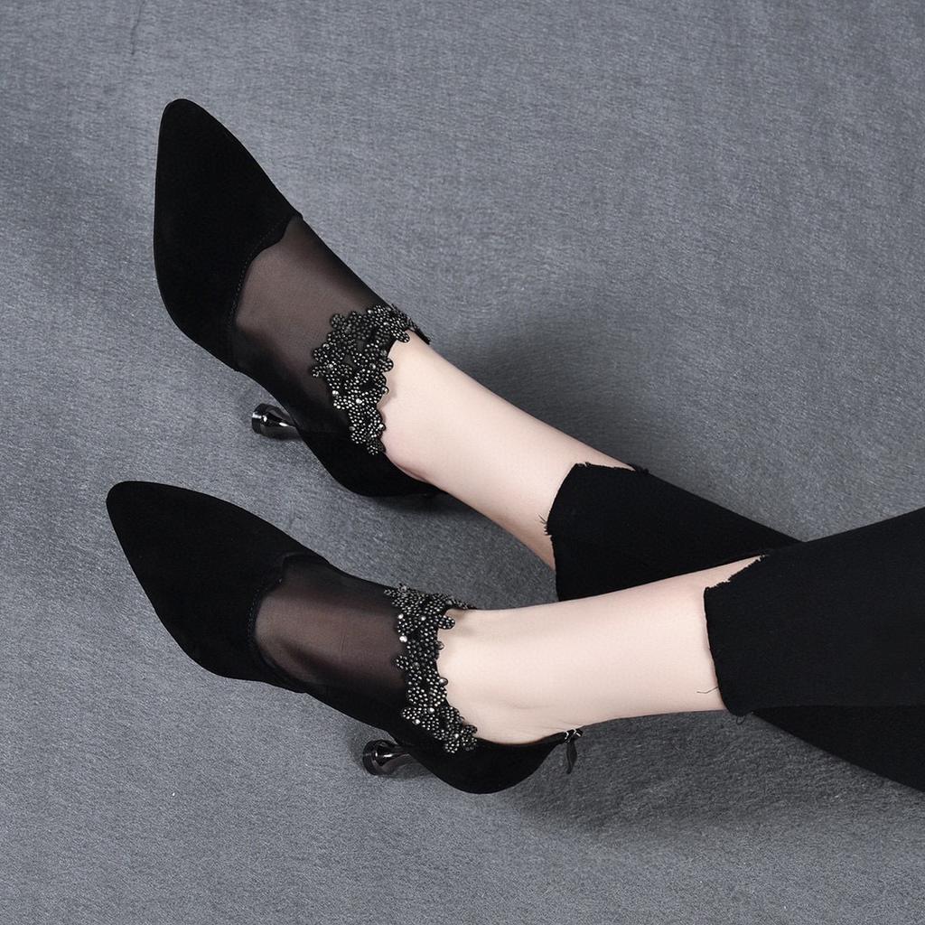 Women's Shoes Early Spring New Fashion Pointed-toed Stiletto Mesh Single Shoes Sheepskin Rhinestone Rear Zipper Temperament Heels