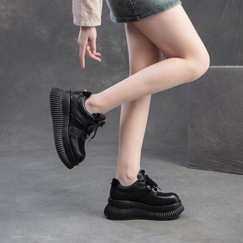 Fashion GKTINOO 2025 Spring New Thick Soled Increased Height Genuine Leather Splicing Breathable Mesh Women's Flat Platform Shoes