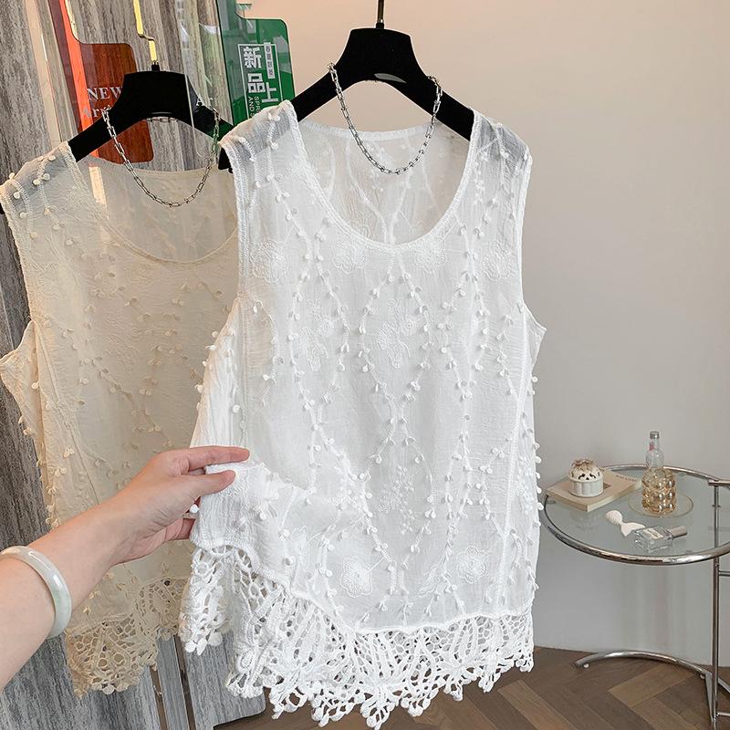 Literary and Artistic Solid Color Three-dimensional Hook-up Embroidered Lace Small Vest Large Size Women's Sleeveless Round Neck Casual Outer