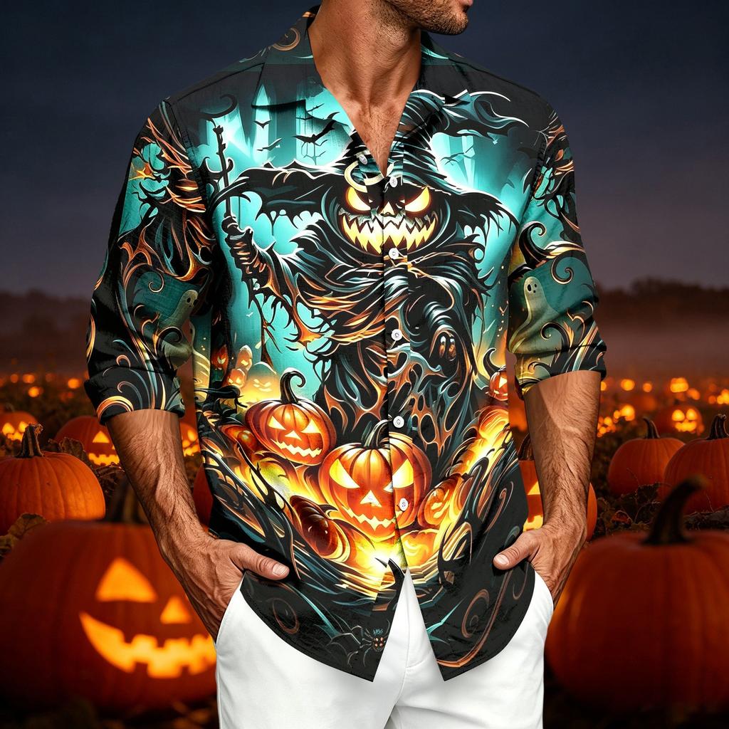 Men's Casual Long Sleeve Shirt with Halloween Print for Spring Fall