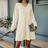 Spring and Autumn Women's Fashion V-neck Solid Color Stitching Long Sleeve Loose Dress