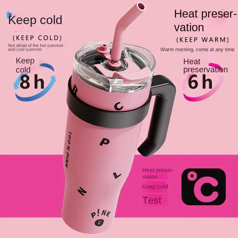 1.2L Dual - Drink Insulated Tumbler, Sweet - Cool Black - Pink Large - Capacity Portable Straw Cup With Handle And Straw