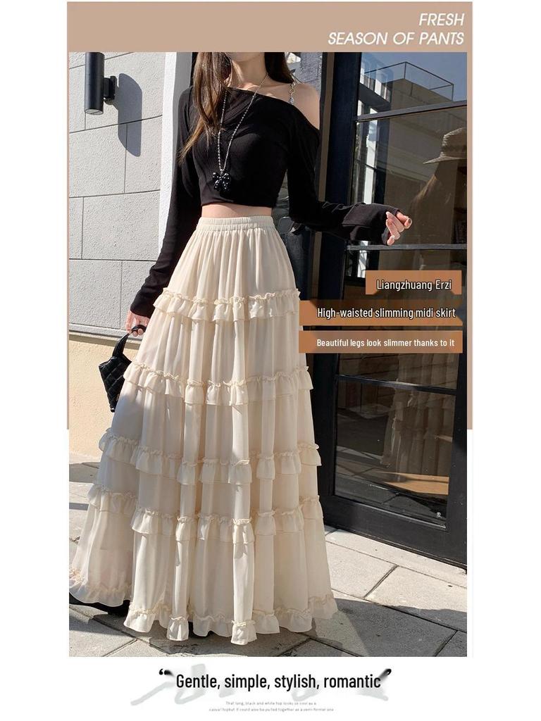 Women's French Ruffled Chiffon A-Line Dress - Slimming High Waist Fairy Skirt for Spring 2026