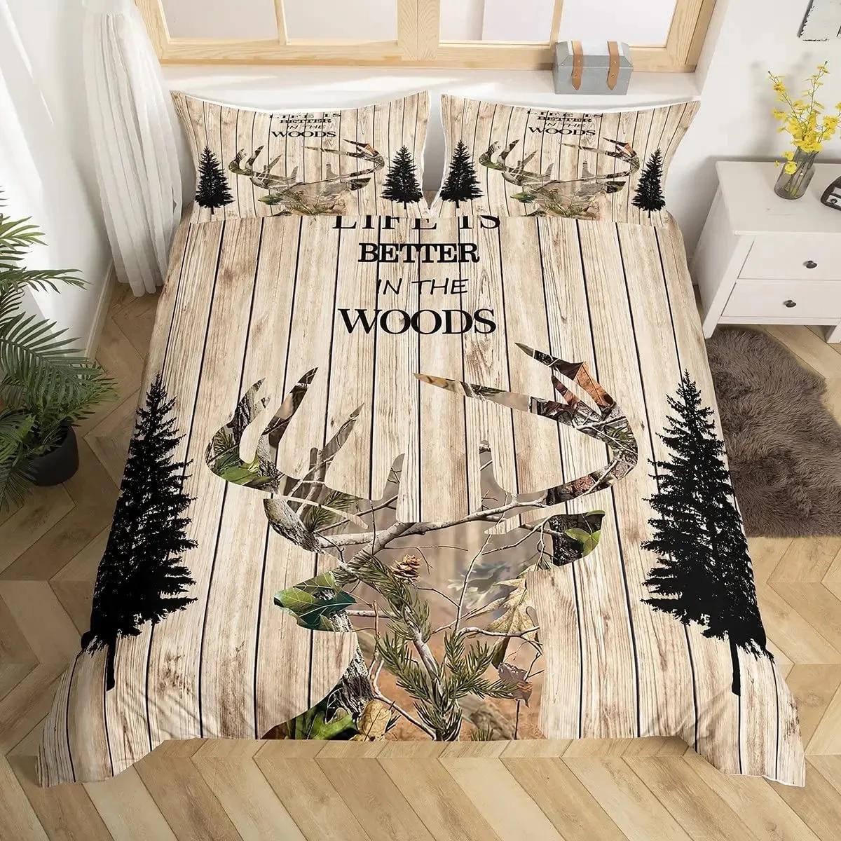

Deer Silhouette Duvet Cover Set Deer Antlers Bedding Set Rustic Wooden Plank Comforter Cover Farmhouse Trees Leaves Quilt Cover EU Single 135x200cm