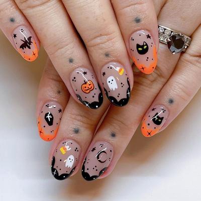 Oval European and American Cute Pumpkin Little Devil Head Halloween Holiday Atmosphere Manicure Tablets Fake Nails Finished Nails