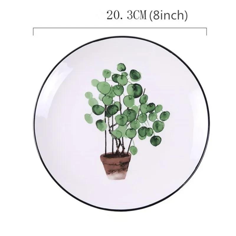 8 Inch Green Plants Ceramic Plates Dinner Porcelain Dessert Plate Beef Dish Fruit Plate Cake Tray Food Ceramic Tableware 1pc