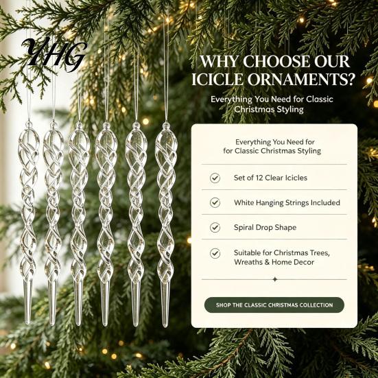 Elegant Christmas Home Decorations 12Pcs Colorful Spiral Icicle Ornaments, Acrylic Twisted Ice Bar Hanging Decor Durable Transparent Crafts for Tree,