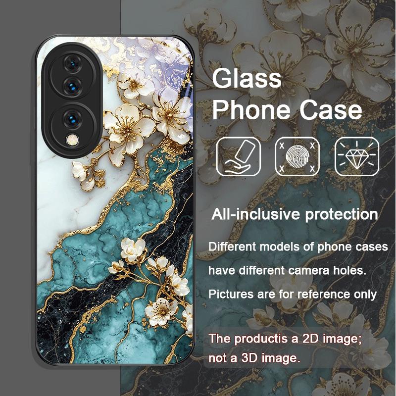 Aesthetic Flower Marble Texture Art Tempered Glass Phone Case for Huawei Nova 13 12 11 10 SE Mate 70 60 Pro+ P60 P50 P40 Covers