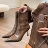Patent Leather Short Boots Women'S High Heel Pointed Side Zipper Versatile Autumn And Winter Black Thin Heel Boots