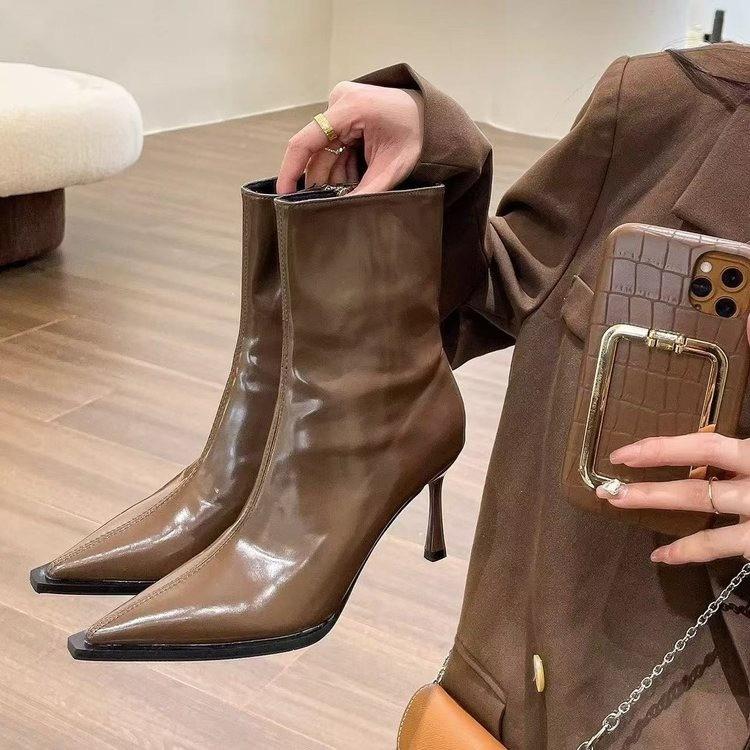 Patent Leather Short Boots Women'S High Heel Pointed Side Zipper Versatile Autumn And Winter Black Thin Heel Boots