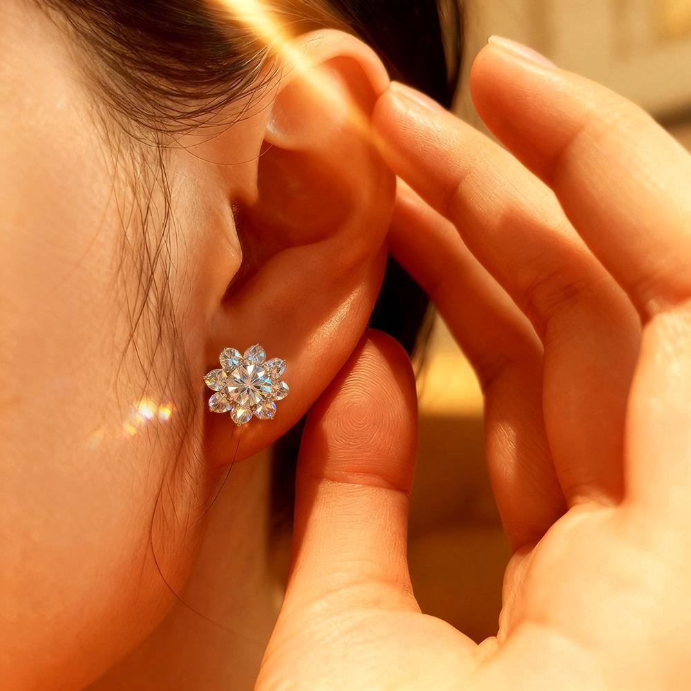925 Sterling Silver 0.5CT Moissanite Flower Stud Earrings | Sparkling Halo Wedding & Bridal Earrings for Women